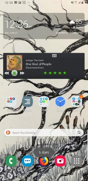 highlights: wallpaper is drawing of dark tree branches on light background; duckduckgo search widget; PlayerPro widget with Amigo the Devil &ldquo;One Kind of People&rdquo;