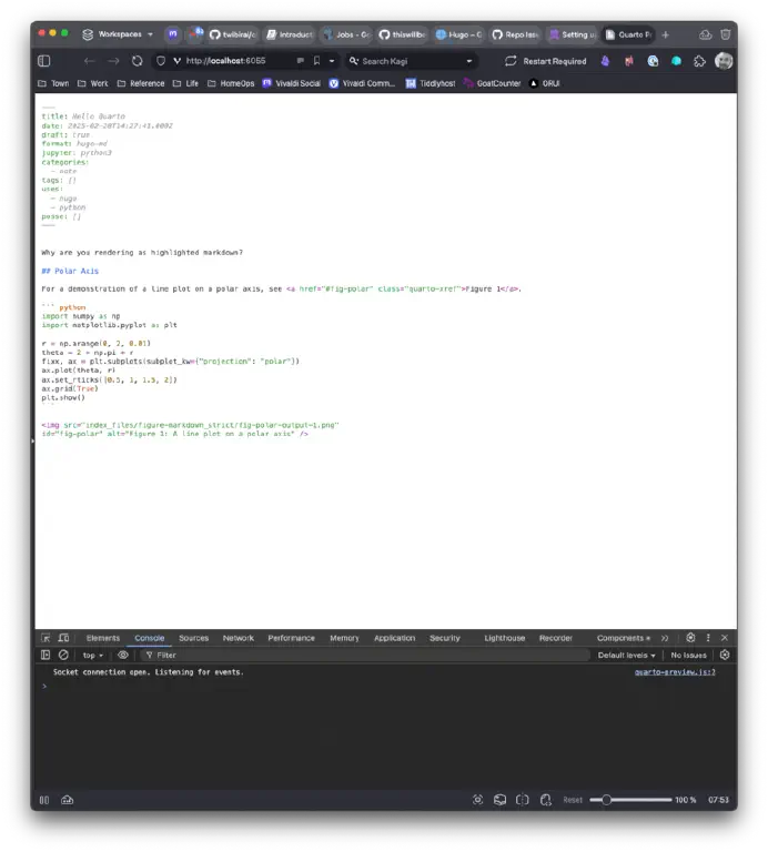 Browser showing preview mode of Quarto. Instead of a Web page with content and a data plot, it&rsquo;s showing the markdown source of that page, with Markdown and code elements syntax highlighted. Included is the text line &ldquo;Why are you rendering as highlighted markdown?&rdquo;