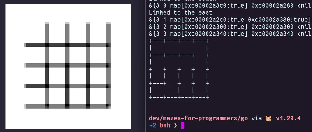 An ASCII maze rendered next to a grayscale image of said maze which looks almost but not quite like the ASCII maze