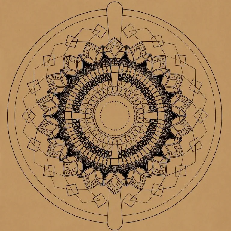 Mandala style circle line drawing with floral elements