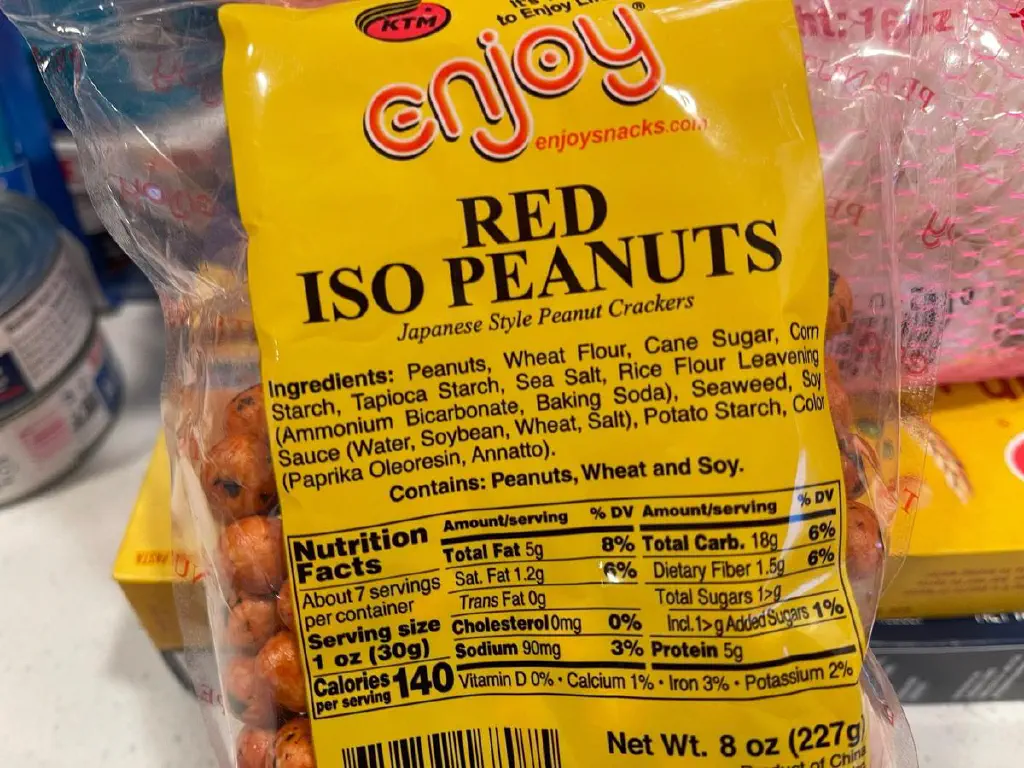 A bag of RED ISO PEANUTS “Japanese style peanut crackers”