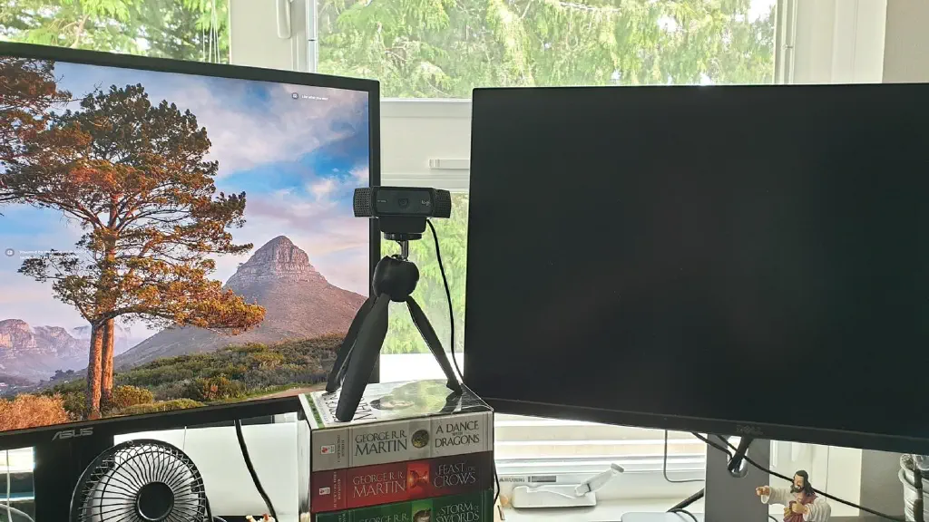 Webcam on tripod on stack of GRR Martin books to get it at eye level