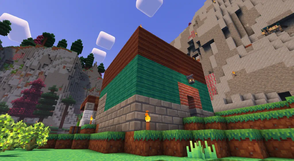Against a dramatic backdrop of highland cliffs sits a big square block of a minecraft house made of haphazardly arranged dark brown wood, red brick, gray stone brick, and green material