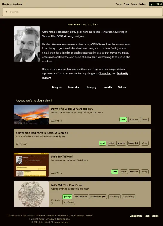 A blog site front page, with dark background. A button in the top right corner reads &ldquo;Light/Dark&rdquo;