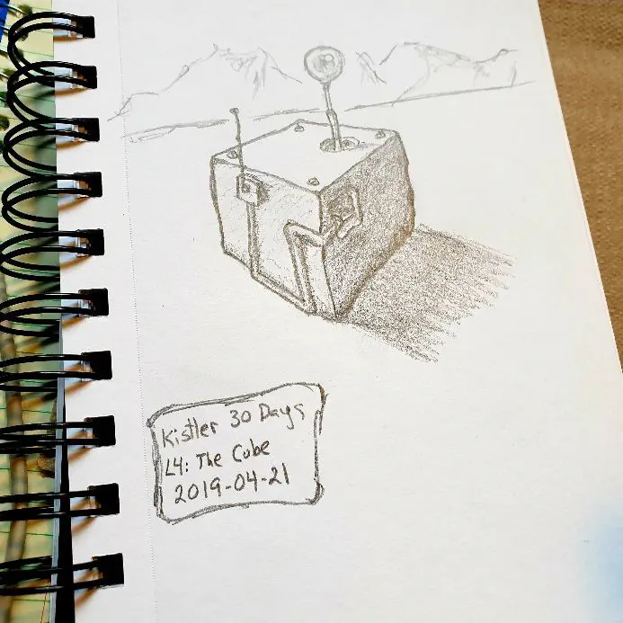 cartoony pencil sketch of a cube with holes and wires and an eyeball on a stick poking out of it