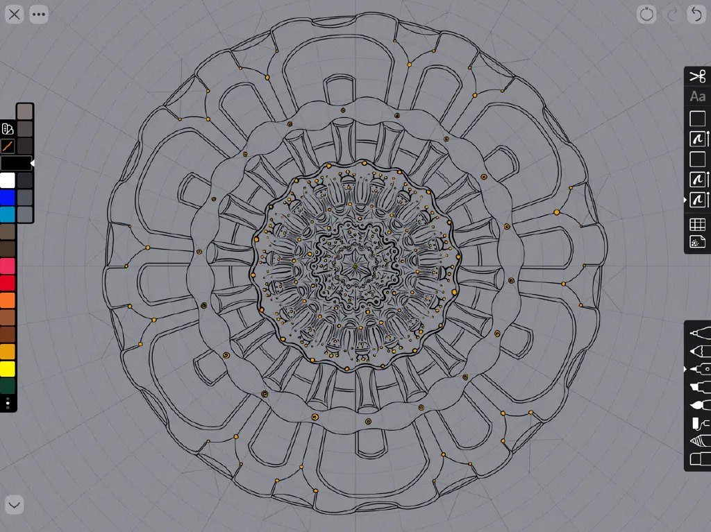 Linea Sketch showing radial symmetry line drawing, including an arrangement of small circles that are filled with a warm yellow color