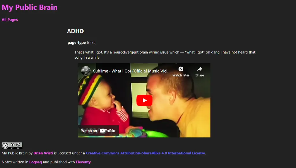 Note about ADHD; text reads “That’s what I got. It’s a neurodivergent brain wiring issue which — “what I got” oh dang i have not heard that song in a while”; video embed of Sublime “What I Got” follows