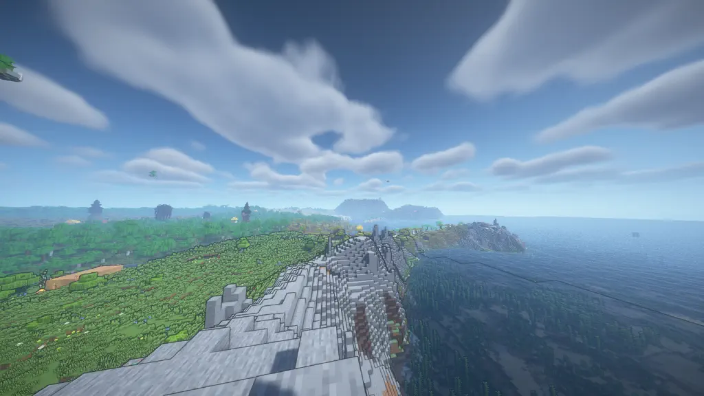 more toon-like landscape view from atop a stony shore, with blocks outline in black and using more highly saturated color palette. Contrasts a bit with the relatively realistic horizon view being rendered via Distant Horizons; the vantage point and towers of the previous view are visible in the left of this image