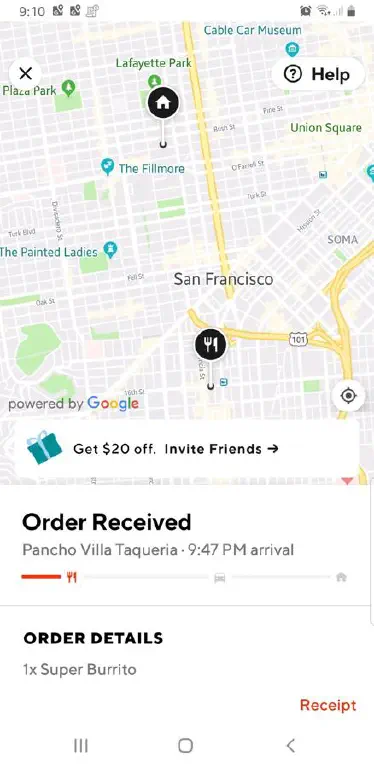 Screenshot of door dash app showing progress of a burrito order