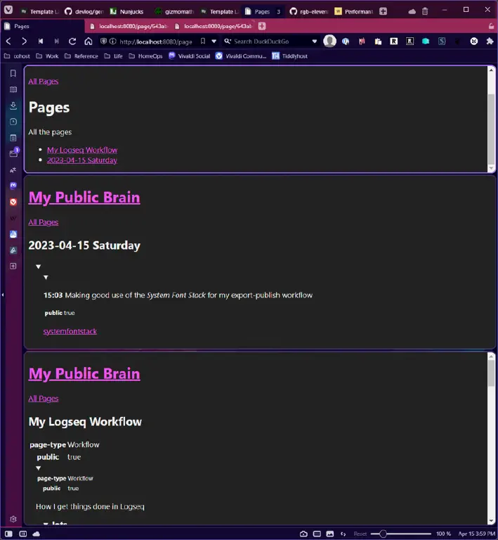 Tiled screenshot: first is a list of all pages, containing only the two pages with public content; second is a journal entry with only a single public block rendered; third is a public page