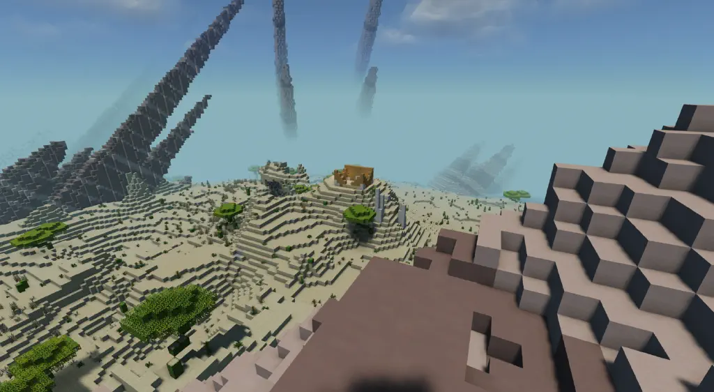 distant view of a Minecraft wooden block house under construction in a desert badland scene