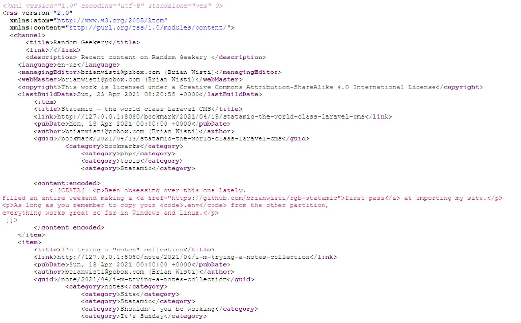 screenshot of XML RSS feed