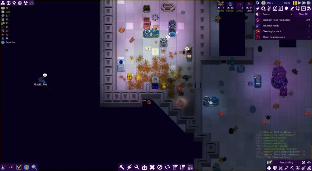 ship survivor living quarters with brown biowaste covering many tiles around a toilet