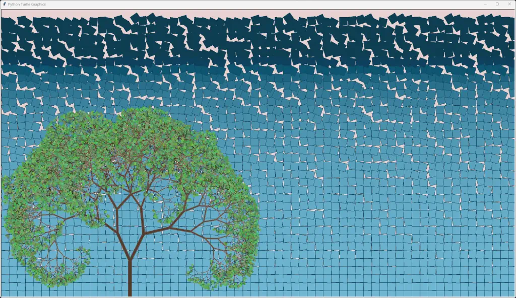 a fractal tree with green circles for leaves against a gradually fragmented backdrop of sky-blue squares that get darker and more chaotically placed as they get further up