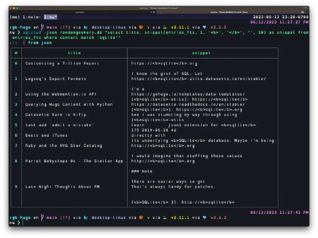 terminal output of a search for “sqlite” as a table with one column for post title and another for relevant content snippet containing the search term