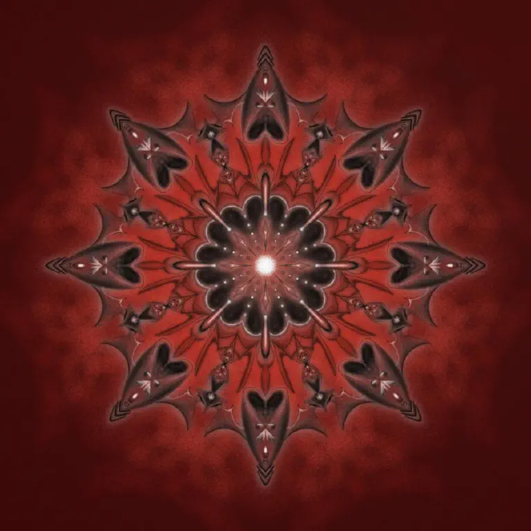 Symmetrical drawing with black and deep read dominating