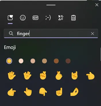 Windows 11 emoji dialog searching for “finger” with many hand emojis in results but none with middle finger raised