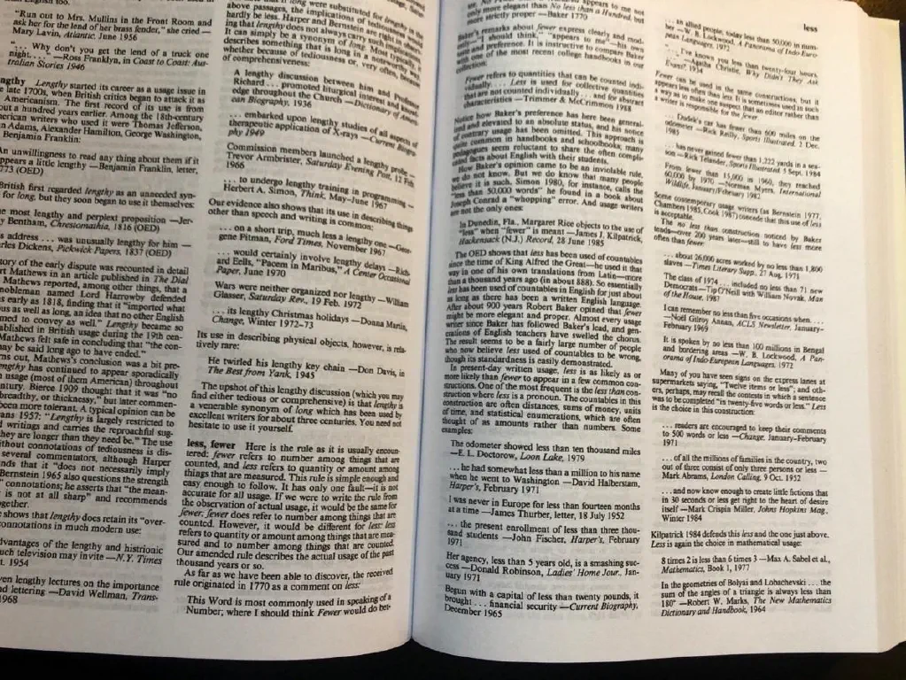 Dictionary of English Usage with pages open to section on “less, fewer”
