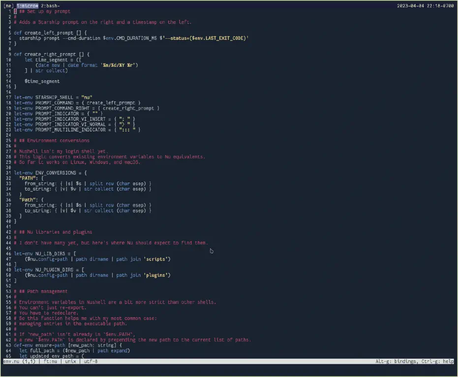 editor session showing my Nushell env.nu file with color coding for language elements