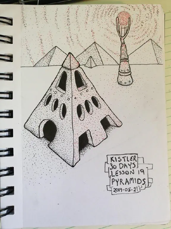 pen drawing of pyramid with red highlights