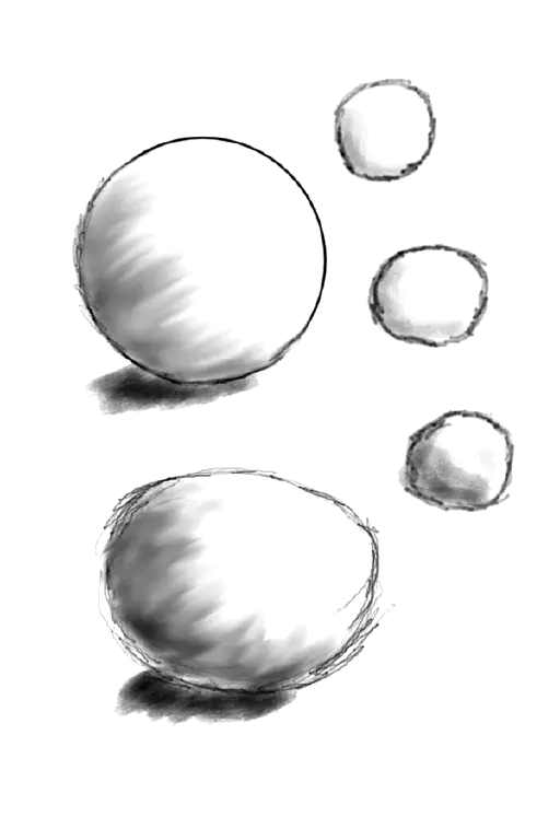 Several attempts to freehand draw sphere + one using circle tool in Krita; very rough