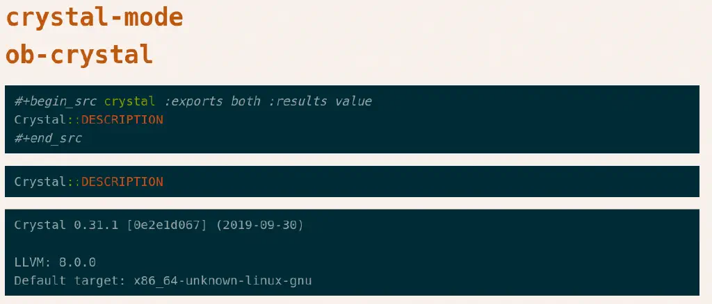 Screenshot of web page showing output of crystal language code