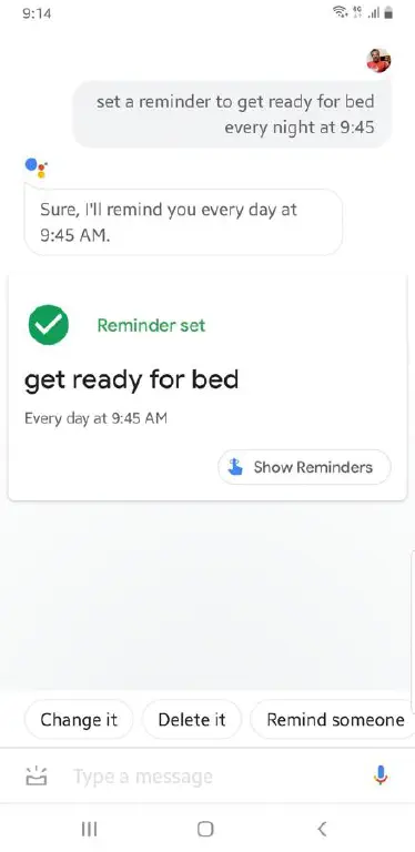 Screenshot of Google Assistant, setting my requested nightly reminder in the morning instead. 