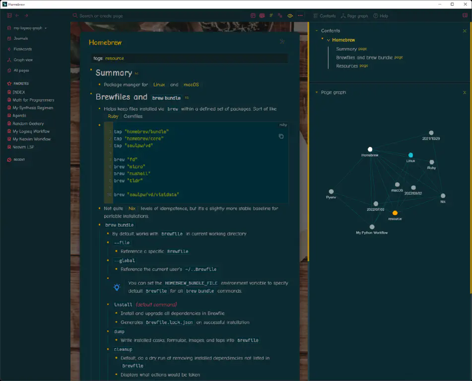 Screenshot of Logseq note-taking application on a page about the Homebrew package manager.