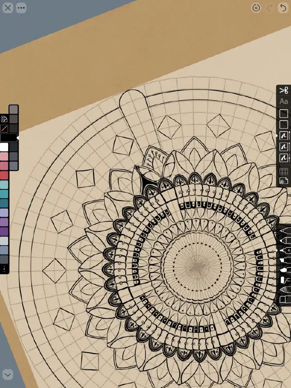 Mandala-style symmetrical drawing in progress with explicit but abstracted floral elements