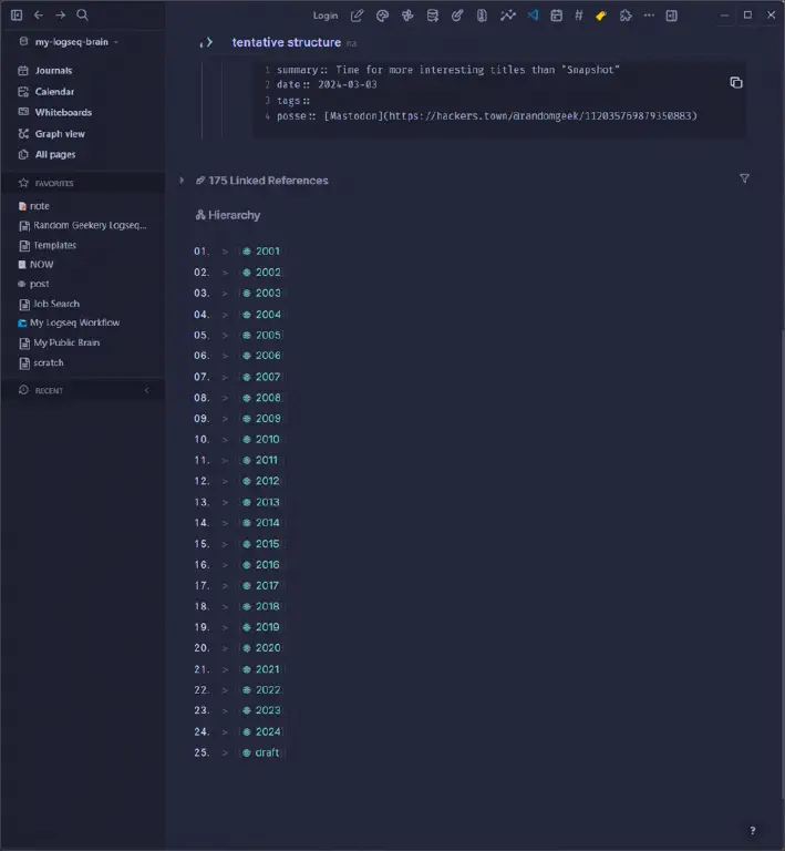 same page, but this time only listing direct children of the &ldquo;post&rdquo; namespace, which in this case is a list of years