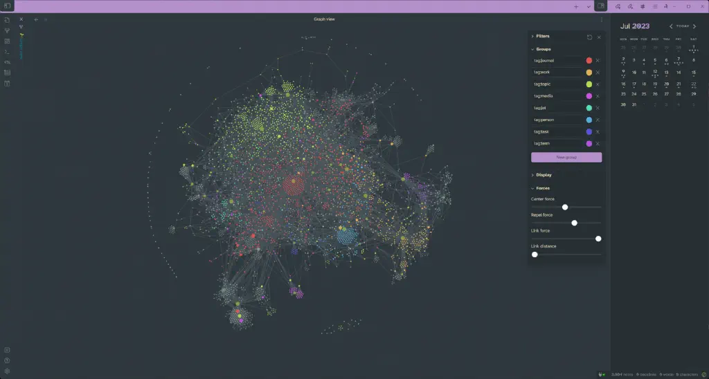 Obsidian graph view, color-coded for high-level tag groups