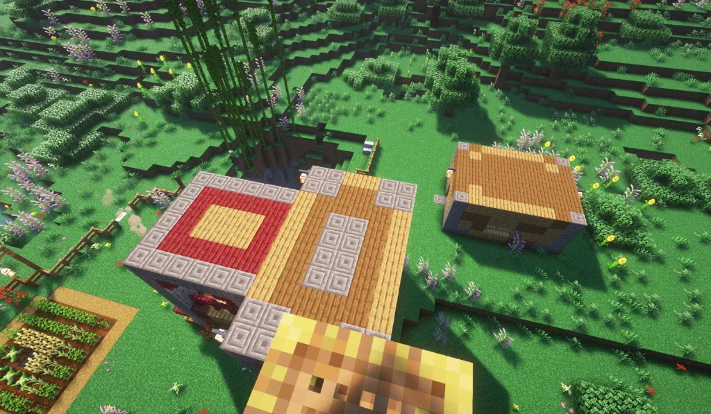 a later view of the house from above, showing extensions, lots of carved stone, a symmetrical pattern, and a second building nearby starting from the same mismatched wood panel that the first house had; crops and bamboo grow nearby