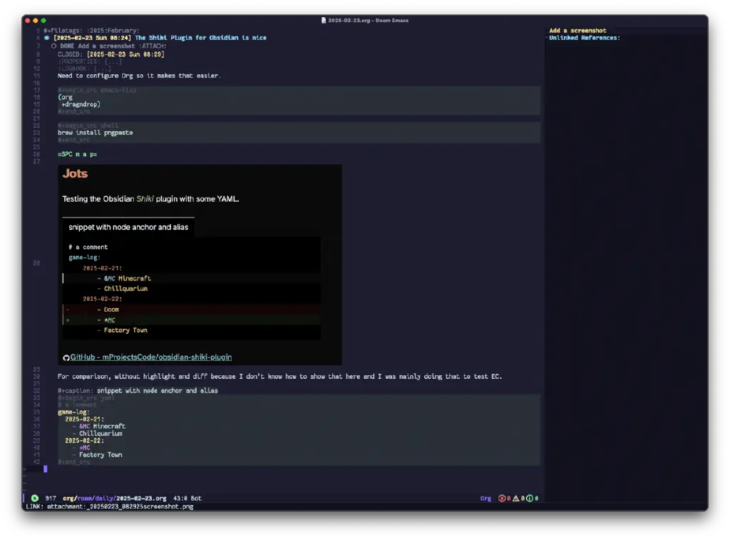 Org note with Obsidian screenshot and YAML code block for comparing to Org mode, along with steps followed to enable image pasting
