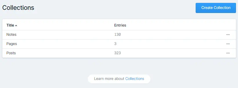 Screenshot of Statamic control panel &ldquo;Collections&rdquo; table showing the system has 130 Notes, 3 Pages, and 323 Posts.