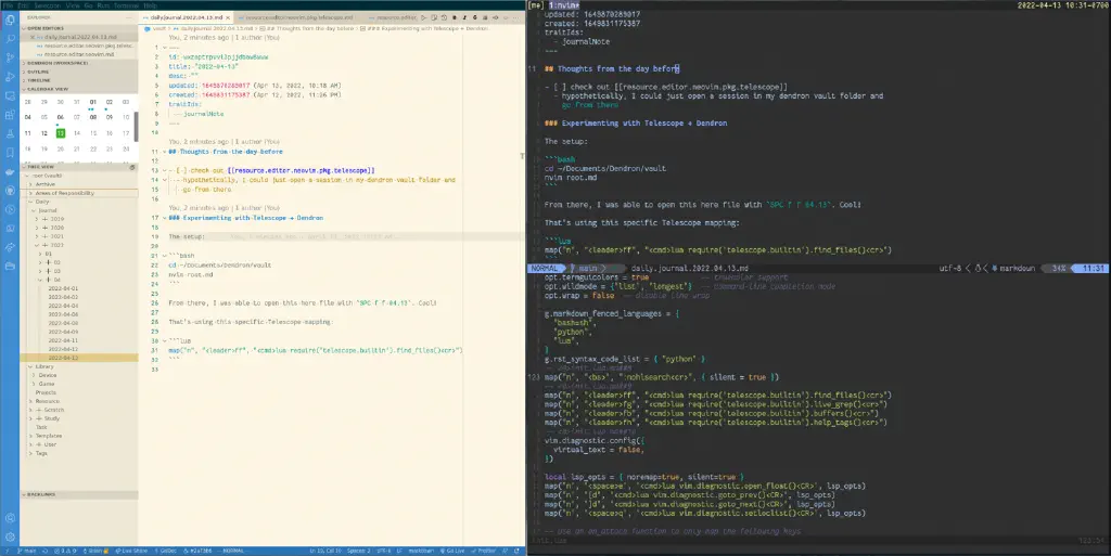 Side–by-side screenshot of Visual Studio Code and a terminal with Neovim. Both show the same Dendron note open, having been edited by Neovim.