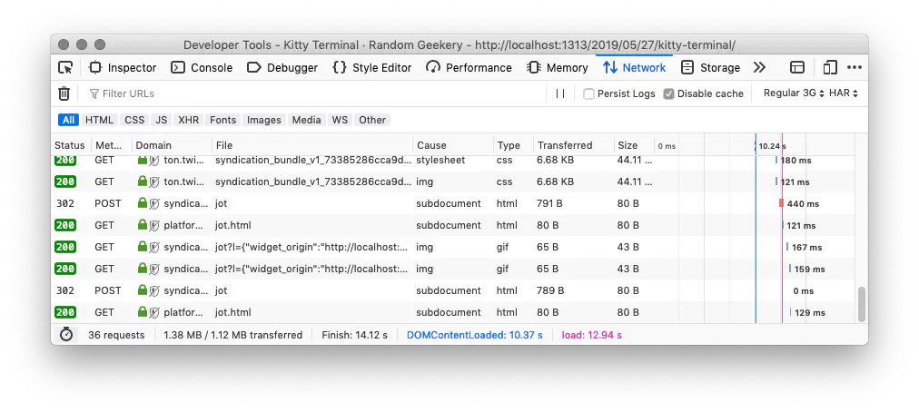 Firefox Developer Tools network tab with throttling at 3G