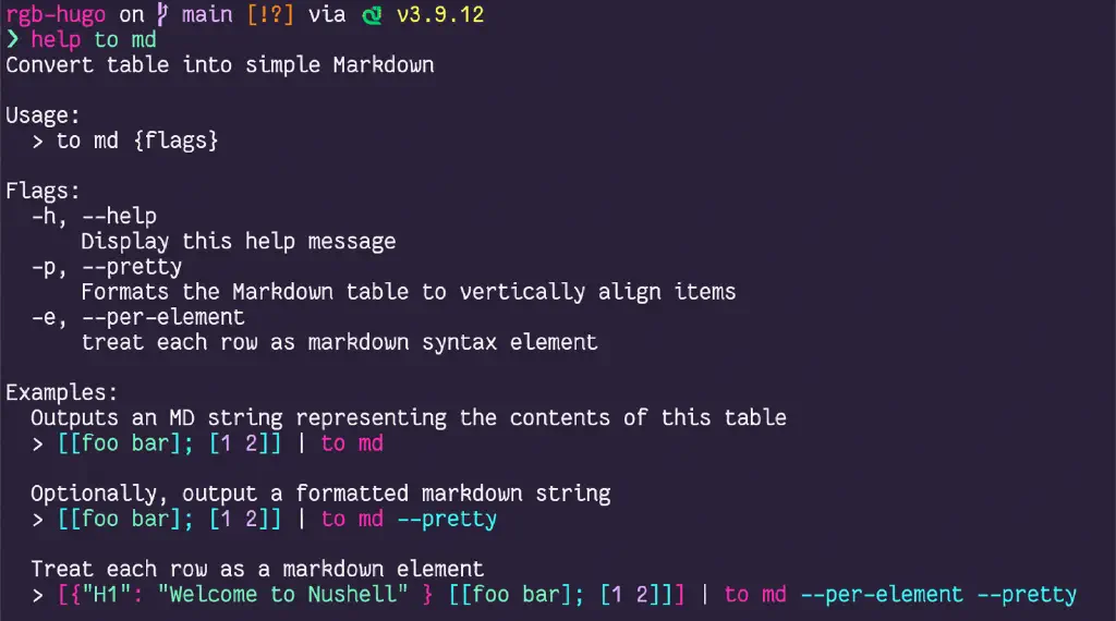 Nushell builtin help, with usage, flags, and examples