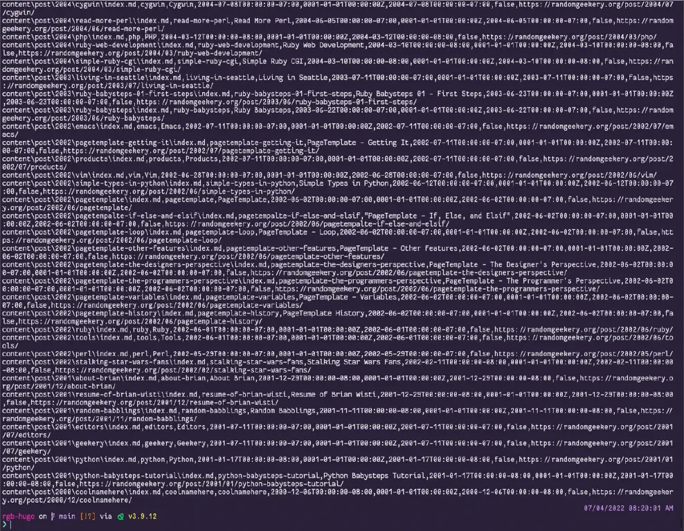 output of command is a dense blast of CSV text