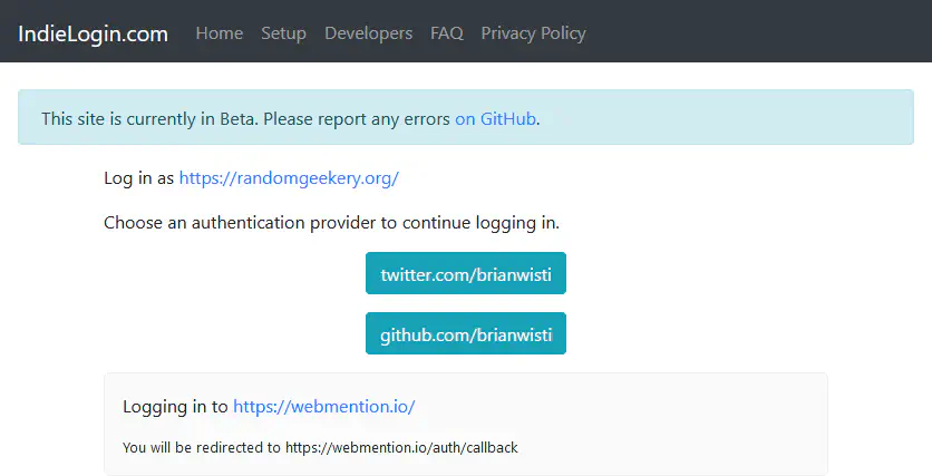IndieLogin lets me use Twitter or HitHub accounts to authenticate