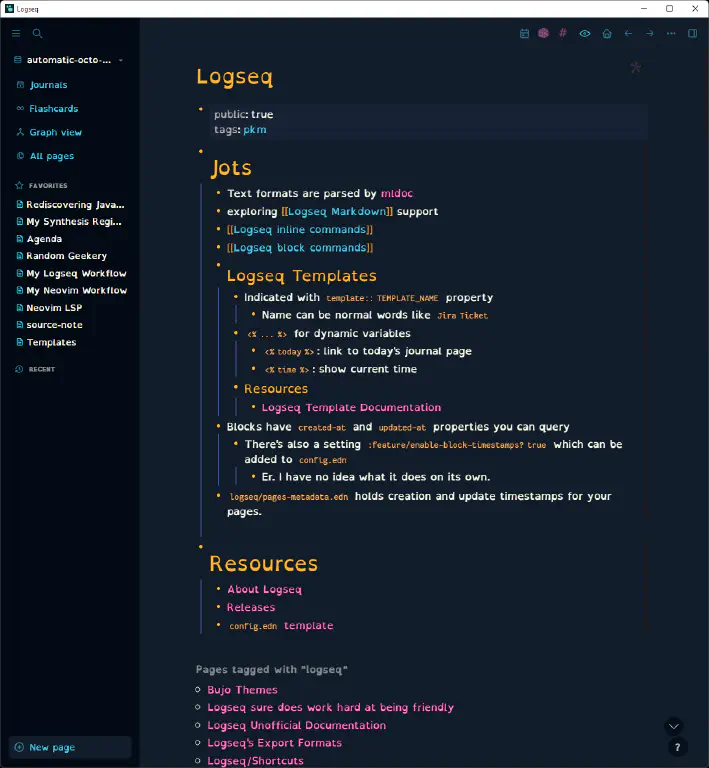 a Logseq note in custom dark theme style