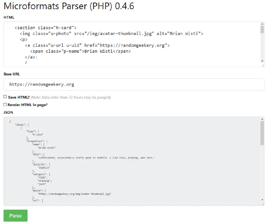 the mf2 validator produces JSON from your h-card