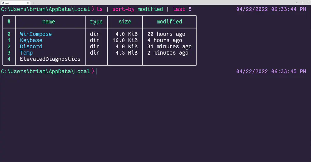 output of  in Nushell on Windows