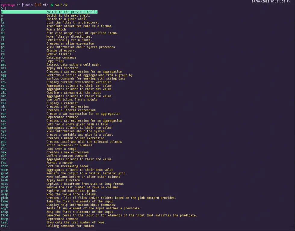 initial tab-completion display of functions available in Nushell