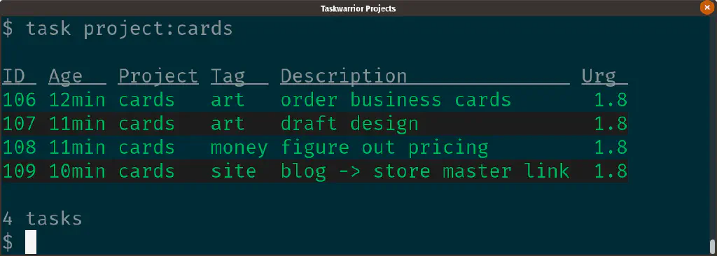 task report filtered to cards project