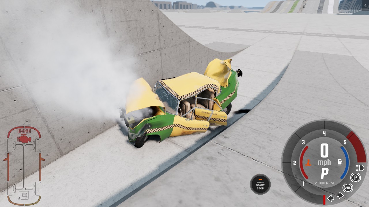 A smashed up taxicab with smoke come from the exhaust and a helpful HUD indicating that the engine is critically damaged