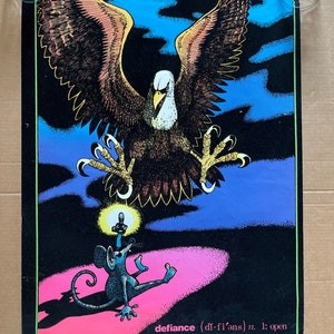 velvet painting in cartoon style of an eagle swooping in on a mouse, which has a middle finger raised defiantly