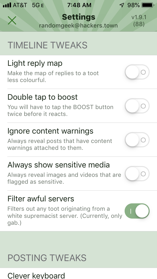 Screenshot showing “filter awful servers” (gab as example) as an enabled preference