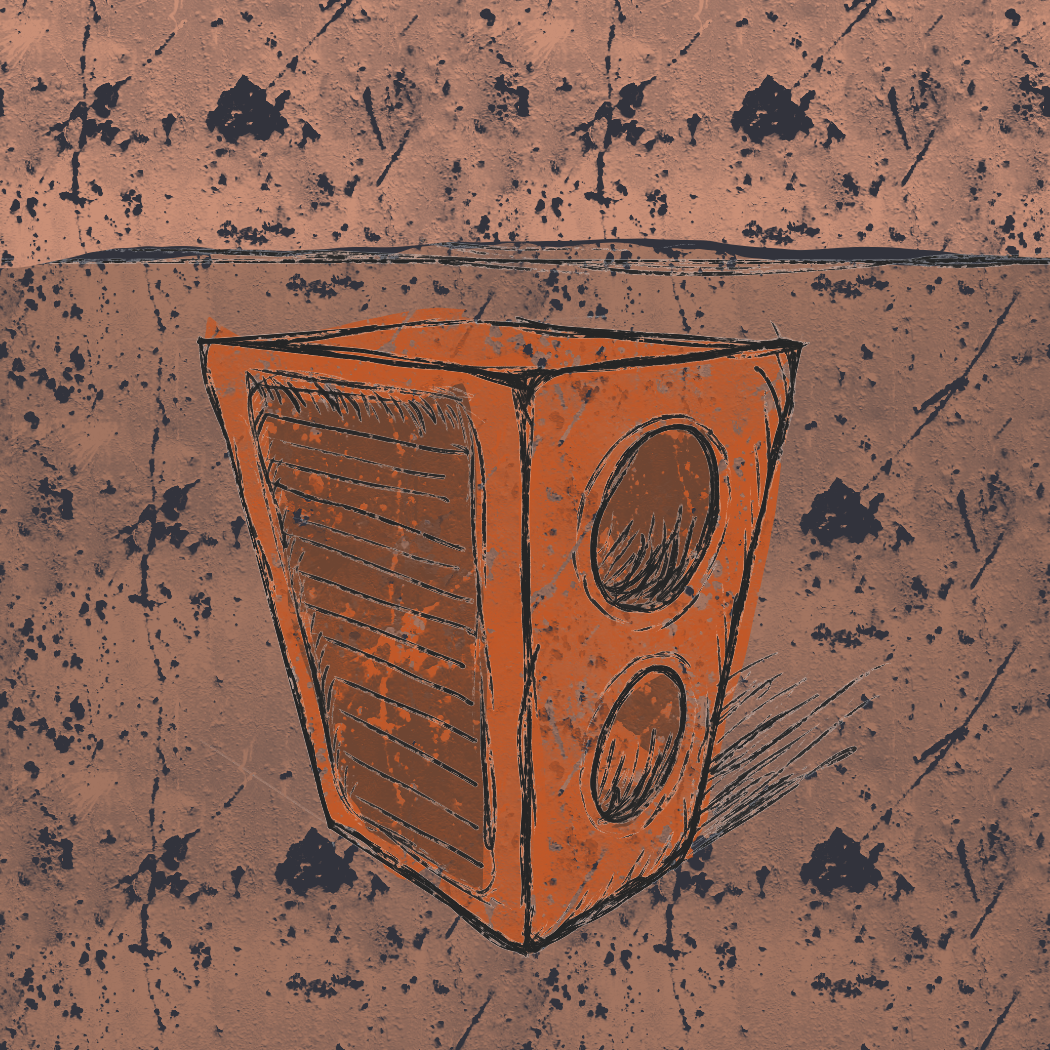 Extremely grungy drawing of something that looks like an old stereo speaker