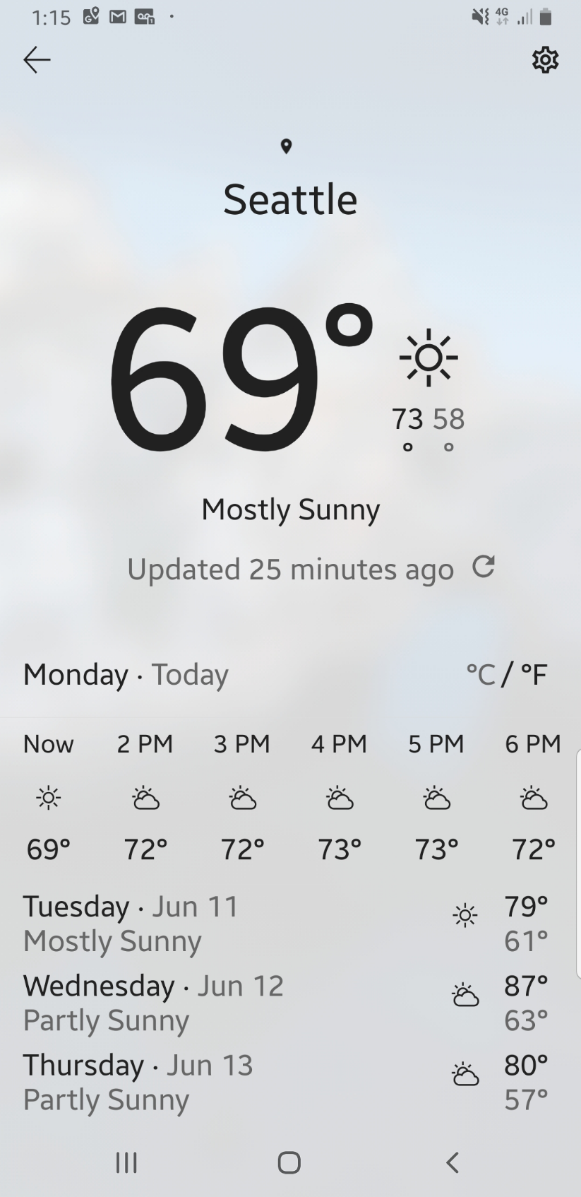 screenshot of phone weather app showing current temperature 69 degrees Fahrenheit