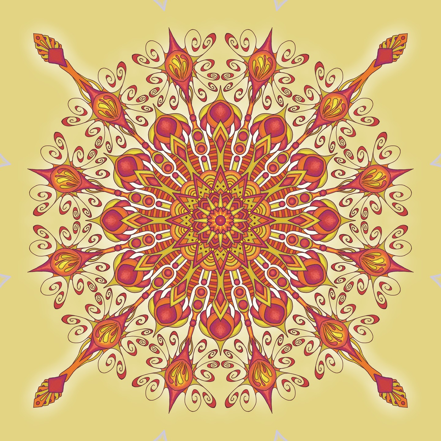 Kaleidoscopic images in yellow orange and red